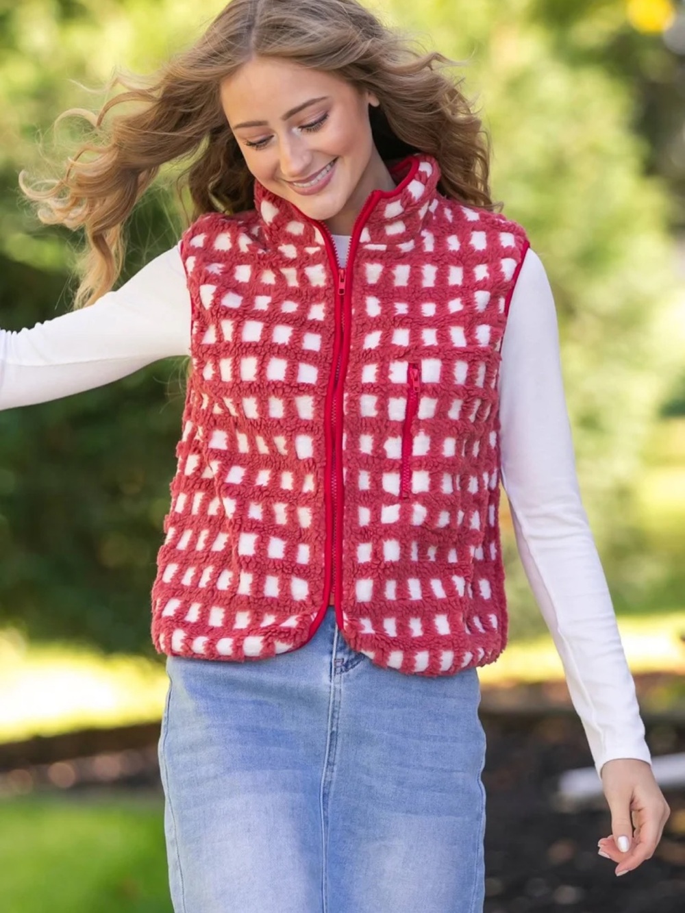 Cozy Red and White Grid Sherpa Vest